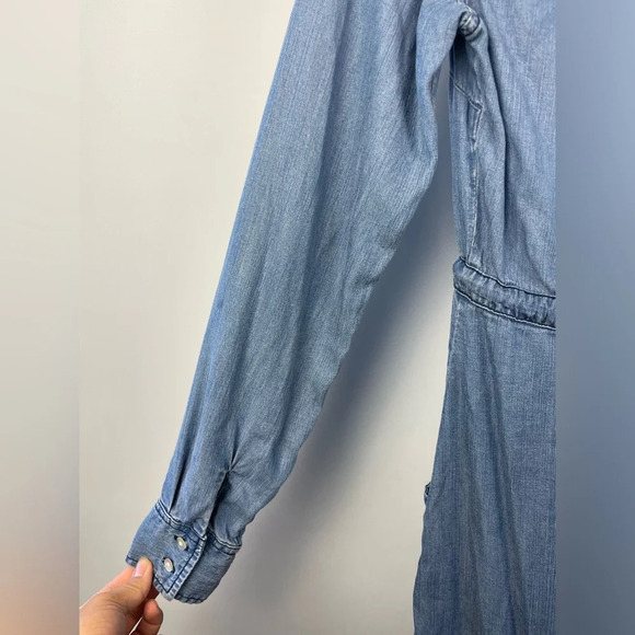 Lovestitch Blue Chambray Button Up Collared Long Sleeve Tencel Mini Shirt Dress - Picture 12 of 13